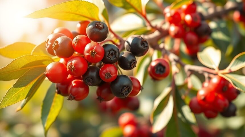 Homoktövis bogyók a fán, zöld levelek között napfényben.