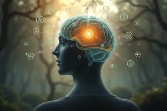 Férfi profilja aggyal, kommunikációs jelekkel, természetes háttérben.