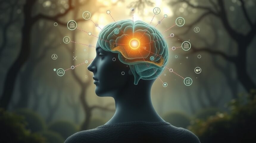 Férfi profilja aggyal, kommunikációs jelekkel, természetes háttérben.