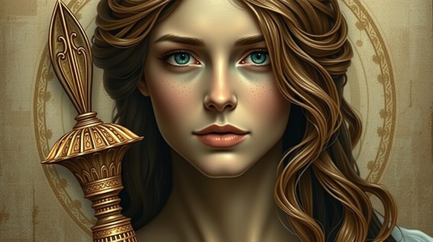 Veronika név jelentése, női figura győzelmet szimbolizáló fegyverrel.