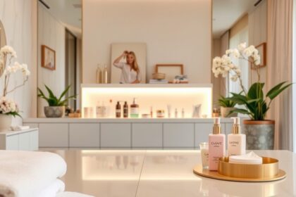 Modern szépségápolás termékek egy elegáns szalonban.
