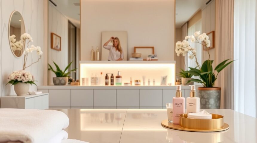 Modern szépségápolás termékek egy elegáns szalonban.