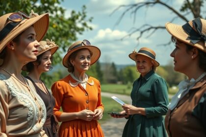 Női csoport hagyományos öltözetben történelmi környezetben.