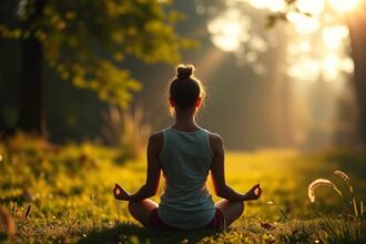 Fiatal nő meditál a természetben, a napsugarak között.