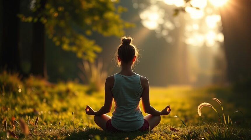 Fiatal nő meditál a természetben, a napsugarak között.