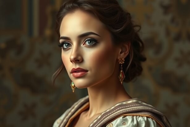 Egy fiatal nő klasszikus öltözetben, gyönyörű ékszerekkel.