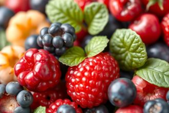 Friss bogyós gyümölcsök, köztük málna, áfonya és szeder