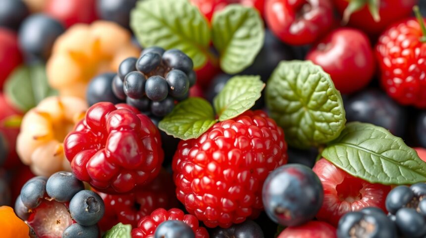 Friss bogyós gyümölcsök, köztük málna, áfonya és szeder