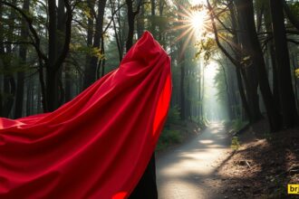 Piroska piros köpenyben az erdőben, napfény szűrődik a fák között.