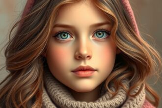 Fiatal lány szőke hajjal és kék szemekkel, meleg pulóverben.