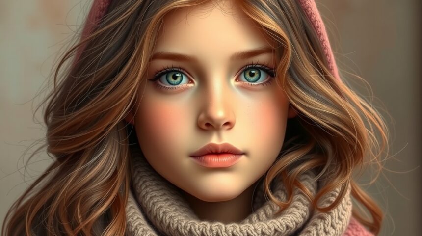 Fiatal lány szőke hajjal és kék szemekkel, meleg pulóverben.