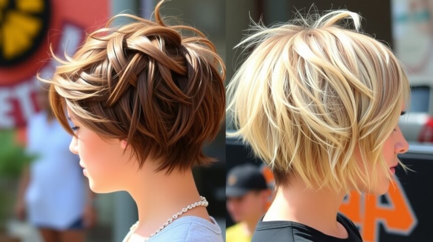 Két modern tépett frizura rövid hajhoz, textúrázott és játékos stílusban.