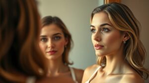 Fiatal nő néz a tükörben, magabiztos és szép megjelenéssel.