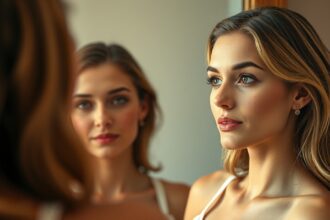 Fiatal nő néz a tükörben, magabiztos és szép megjelenéssel.