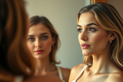 Fiatal nő néz a tükörben, magabiztos és szép megjelenéssel.