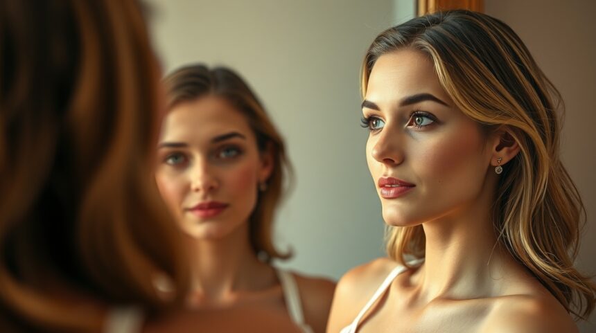 Fiatal nő néz a tükörben, magabiztos és szép megjelenéssel.