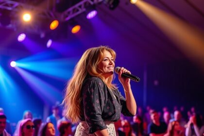 Csilla éppen fellép, miközben a közönség éljenez.