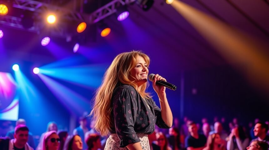 Csilla új zenés videója: "Jól vagyok, és pont" 1 Csilla éppen fellép, miközben a közönség éljenez.