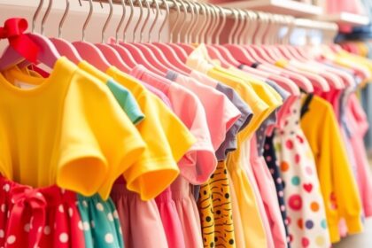 Színes gyermekruházat egy boltban, kényelem és stílus.