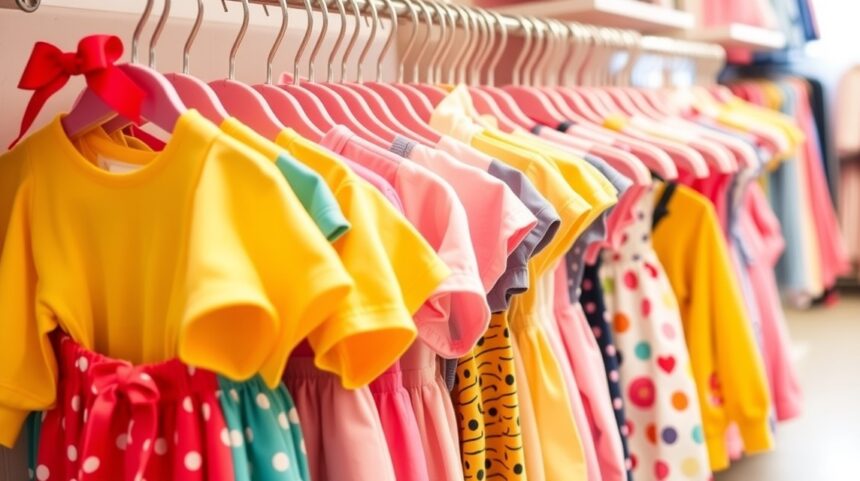 Színes gyermekruházat egy boltban, kényelem és stílus.