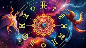 Asztrológiai horoszkóp kerék, csillagjegyek és űrbeli háttér.