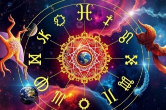 Asztrológiai horoszkóp kerék, csillagjegyek és űrbeli háttér.