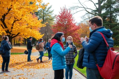 Fiatalok maszkban csoportosulva őszi parkban, influenzaszezon megelőzésének tudatában.