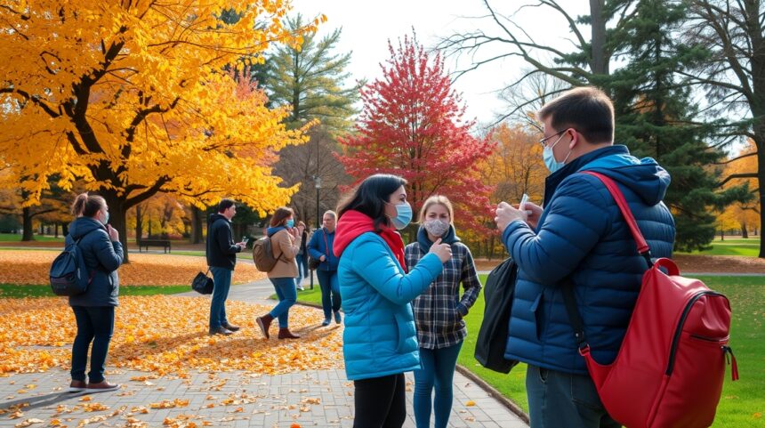 Fiatalok maszkban csoportosulva őszi parkban, influenzaszezon megelőzésének tudatában.