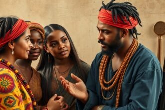 Négy ember beszélget egy hagyományos környezetben, színes öltözetben.