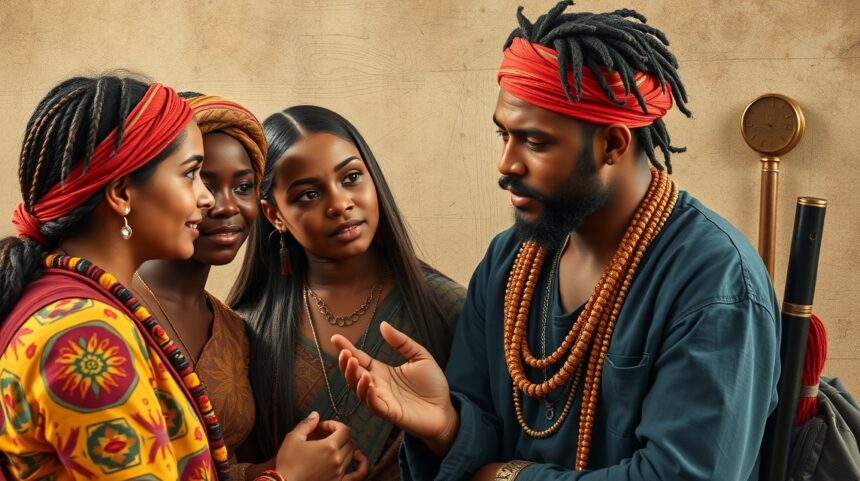 Négy ember beszélget egy hagyományos környezetben, színes öltözetben.