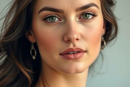 Egy fiatal női arc közelről, zöld szemekkel és étcsokoládébarna hajjal.