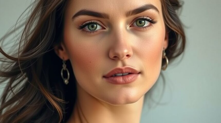 Egy fiatal női arc közelről, zöld szemekkel és étcsokoládébarna hajjal.