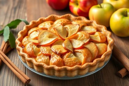 Friss almás pite fahéjas rügyekkel és érett almákkal az asztalon.