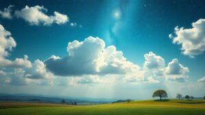 Tavaszi táj felhőkkel és csillagokkal az égen