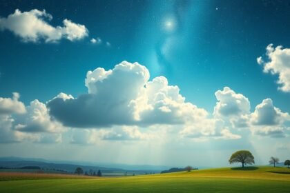 Tavaszi táj felhőkkel és csillagokkal az égen