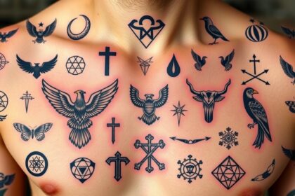 Tetoválások szimbólumokkal: állatok, geometriai formák és vallási jelek.
