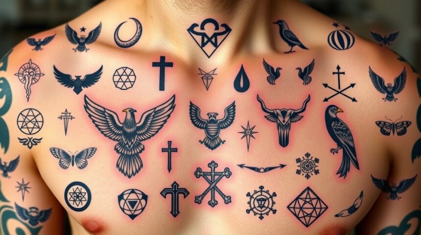 Tetoválások szimbólumokkal: állatok, geometriai formák és vallási jelek.