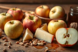 Friss almák, sajt és dió egy asztalon, egészséges ételtársításokhoz