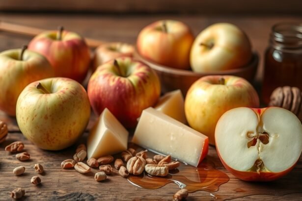 Friss almák, sajt és dió egy asztalon, egészséges ételtársításokhoz