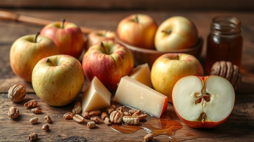Friss almák, sajt és dió egy asztalon, egészséges ételtársításokhoz
