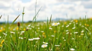 Színes virágmező napos időben, fehér margarétákkal.