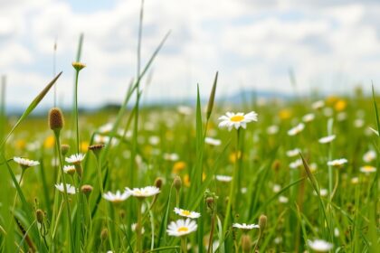Színes virágmező napos időben, fehér margarétákkal.
