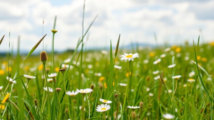 Színes virágmező napos időben, fehér margarétákkal.