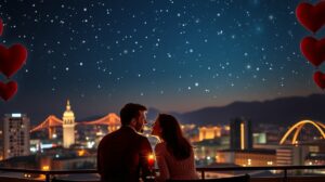 Romantikus pár Valentin-napon, szív alakú lufikkal az éjszakai város felett.
