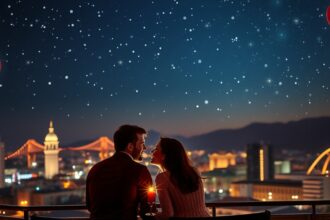 Romantikus pár Valentin-napon, szív alakú lufikkal az éjszakai város felett.