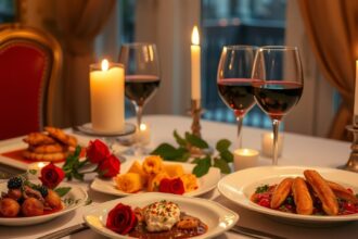 Romantikus Valentin-napi vacsora gyertyafénynél és finom ételekkel