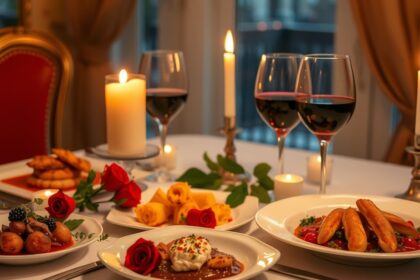Romantikus Valentin-napi vacsora gyertyafénynél és finom ételekkel