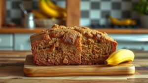 Friss, sült banánkenyér egy fakanálon, mellette egy egész banán.