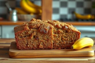 Friss, sült banánkenyér egy fakanálon, mellette egy egész banán.