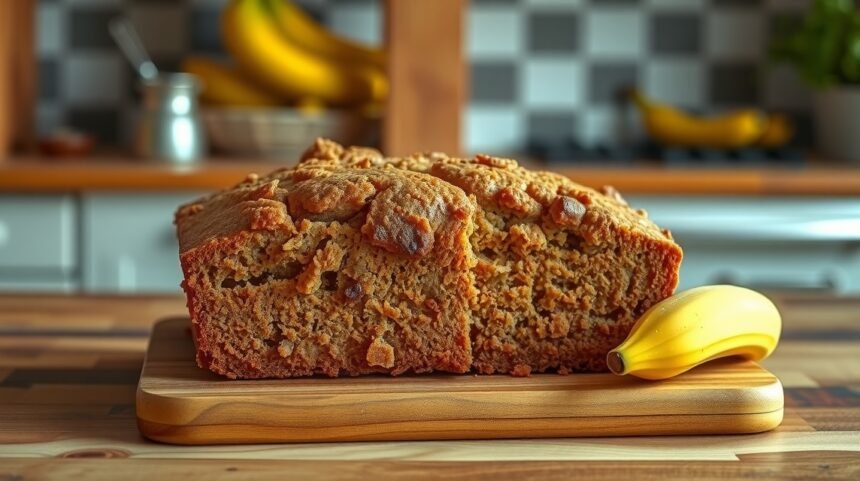 Friss, sült banánkenyér egy fakanálon, mellette egy egész banán.